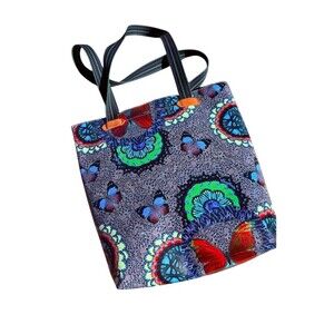 Consuela Tote Bag Womens Butterfly Print Multicolor Striped Handles Blue